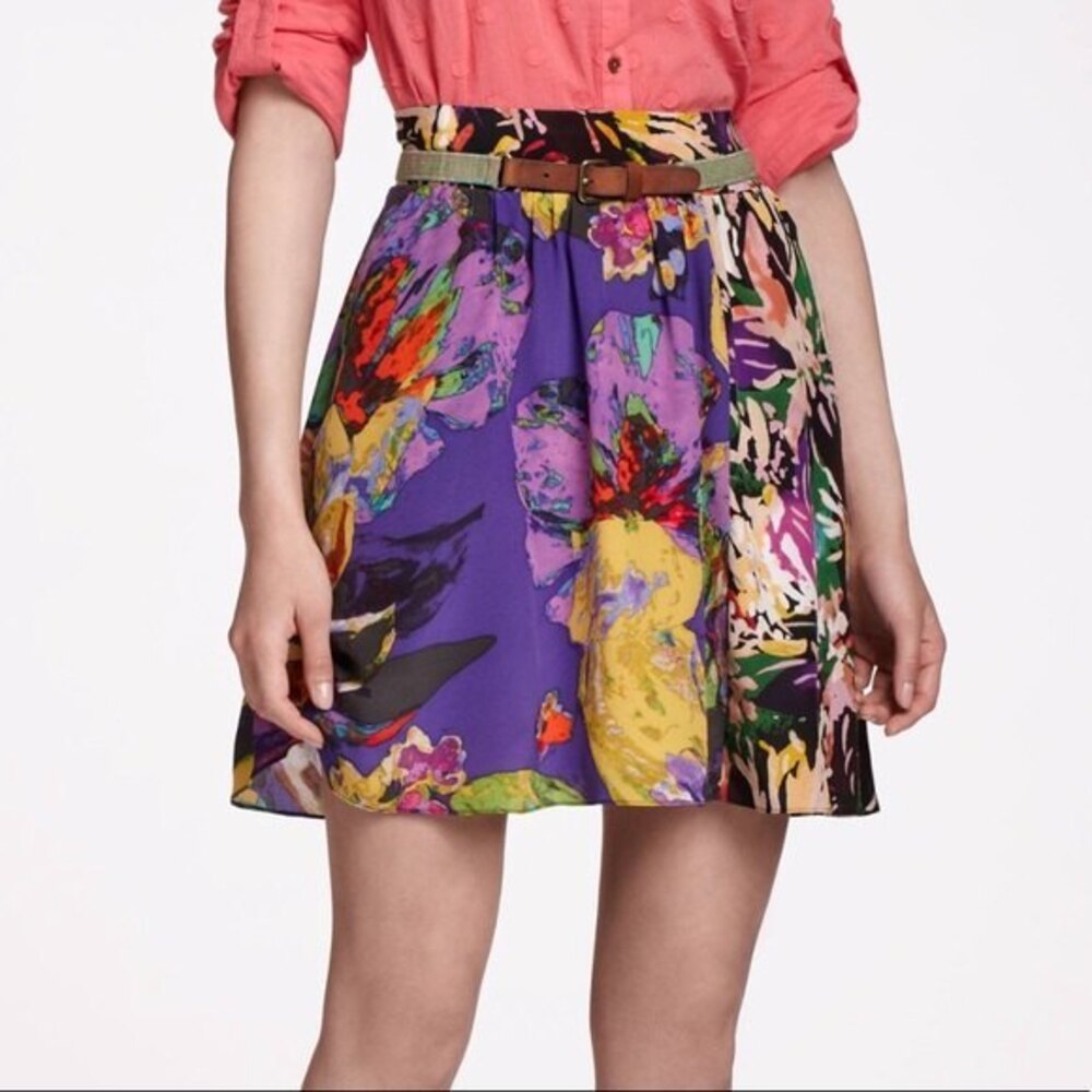Maeve Anthropologie Carrizo Silk Skirt Small Purple Multicolor Floral Lined